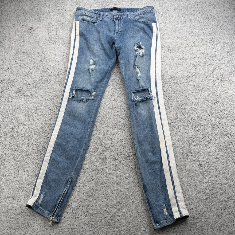 Ron Tomson Jeans Men 34x33 Blue Skinny Distressed Side Stripe Ankle Zip Stretch